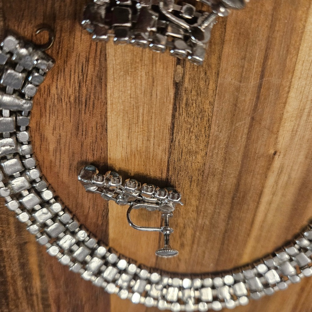 Vintage Blue Rhinestone Choker Necklace & Screw-Back Earrings Set 1950s Glam - Picture 9 of 10